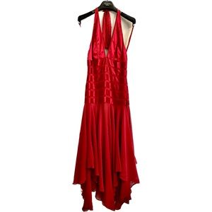 NWT BCBGMaxAzria Red Halter Ankle Length Dress | Chiffon Handkerchief Hem | Sz2